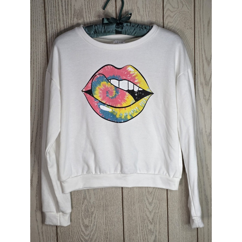 Le Lis Tie Dye Lips Graphic Sweatshirt Cream Soft Boho Indie Retro Aesthetic S